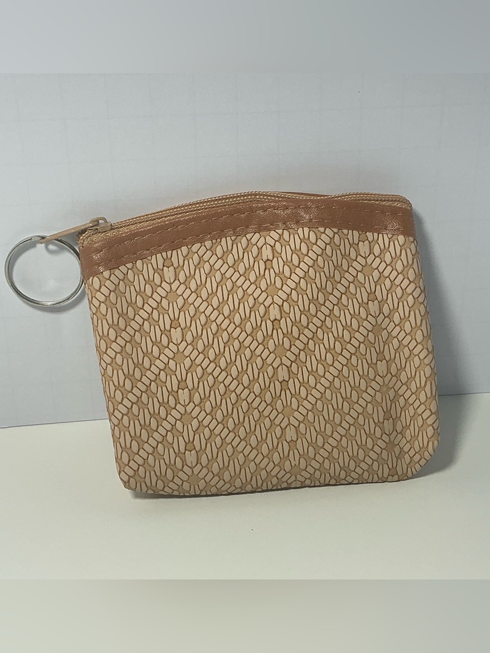 Neutral Textured Zip Coin Pouch with Key Ring